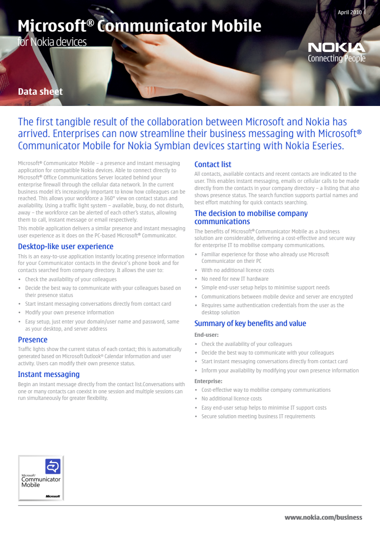 Microsoft Communicator Mobile for Nokia faktaark