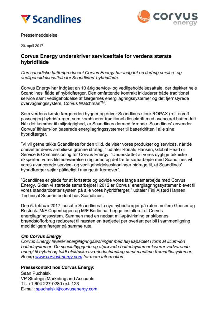 Corvus Energy underskriver serviceaftale for verdens største hybridflåde