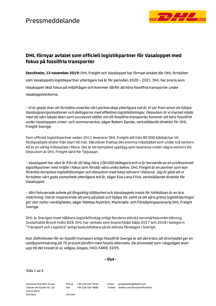 DHL förnyar avtalet som officiell logistikpartner för Vasaloppet med fokus på fossilfria transporter
