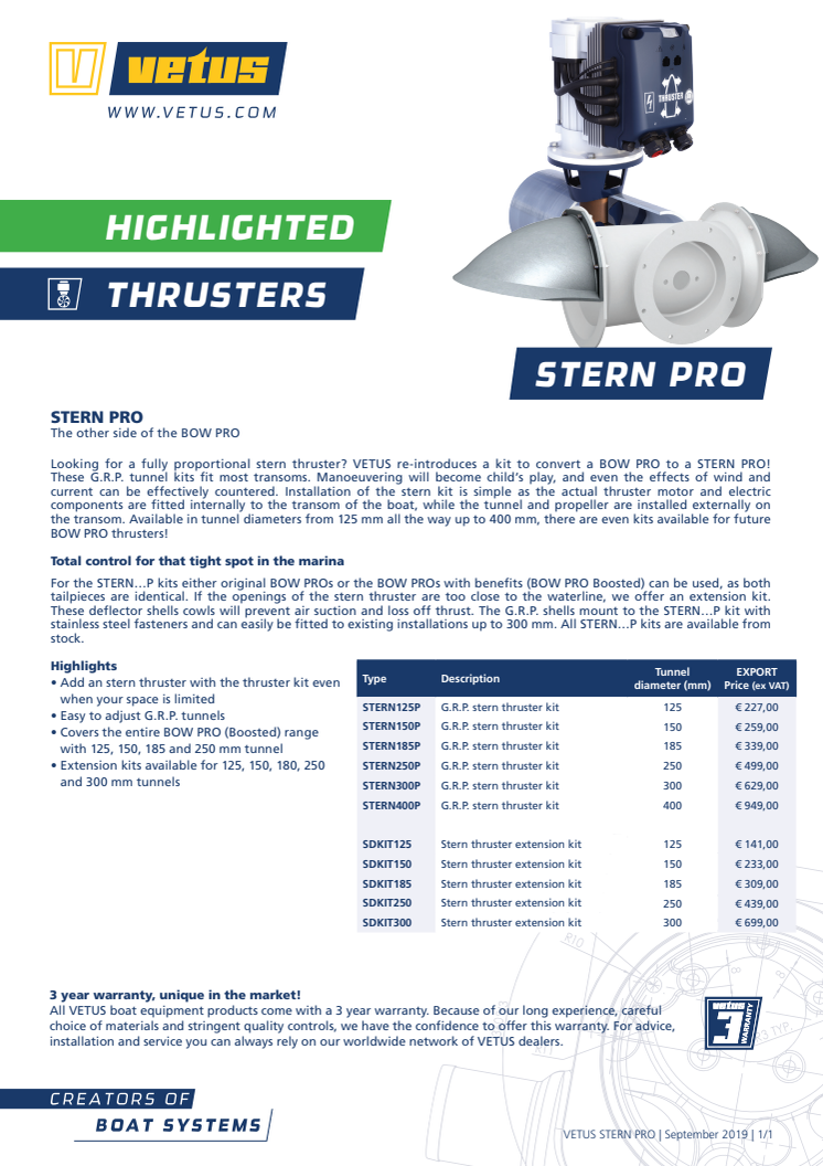 VETUS GRP tunnel kit to convert a BOW PRO to a STERN PRO thruster - Information Sheet