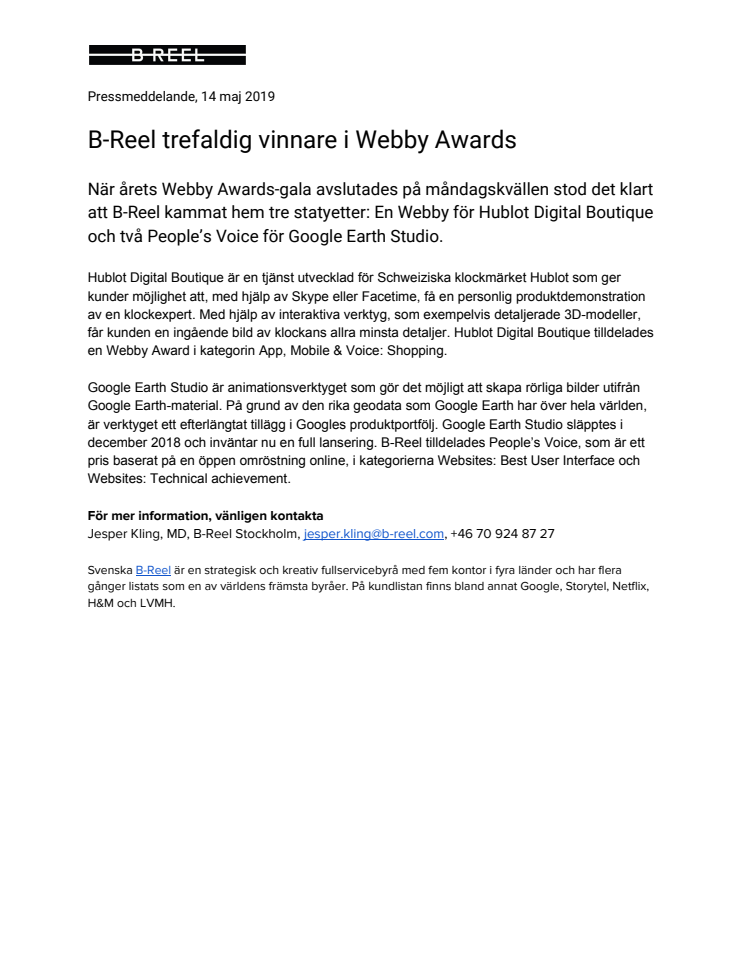 B-Reel trefaldig vinnare i Webby Awards