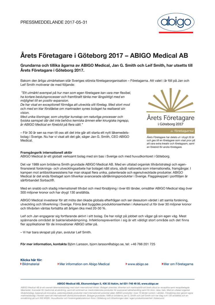 Årets Företagare i Göteborg 2017 – ABIGO Medical AB