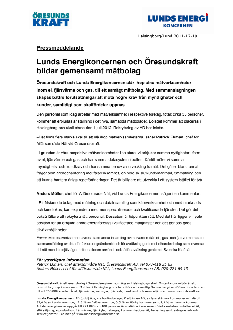 Lunds Energikoncernen och Öresundskraft bildar gemensamt mätbolag