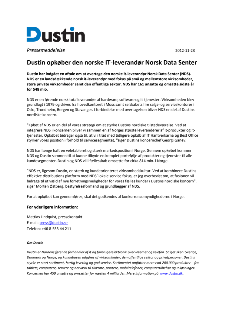 Dustin opkøber den norske it-leverandør Norsk Data Senter