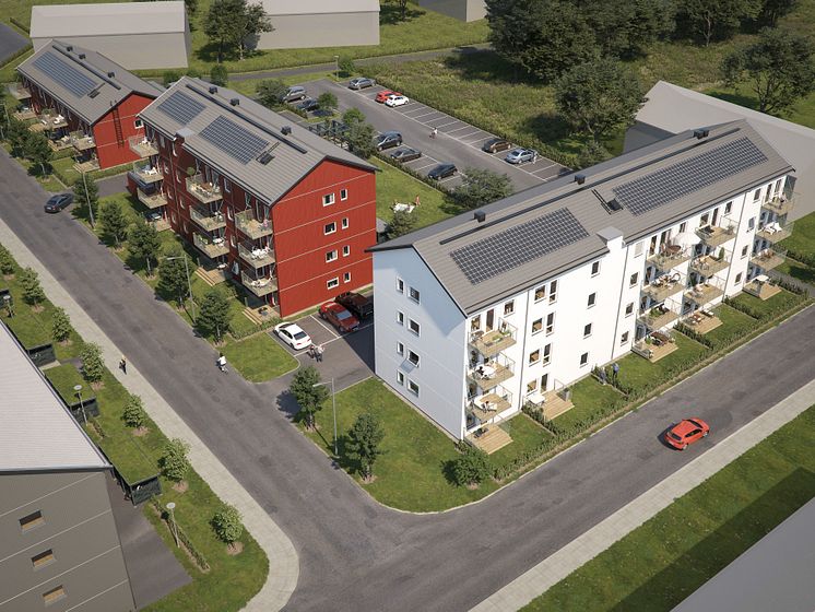 Översiktsillustration av husen i det nya kvarteret BoKlok Orangeriet i Vänersborg. 
