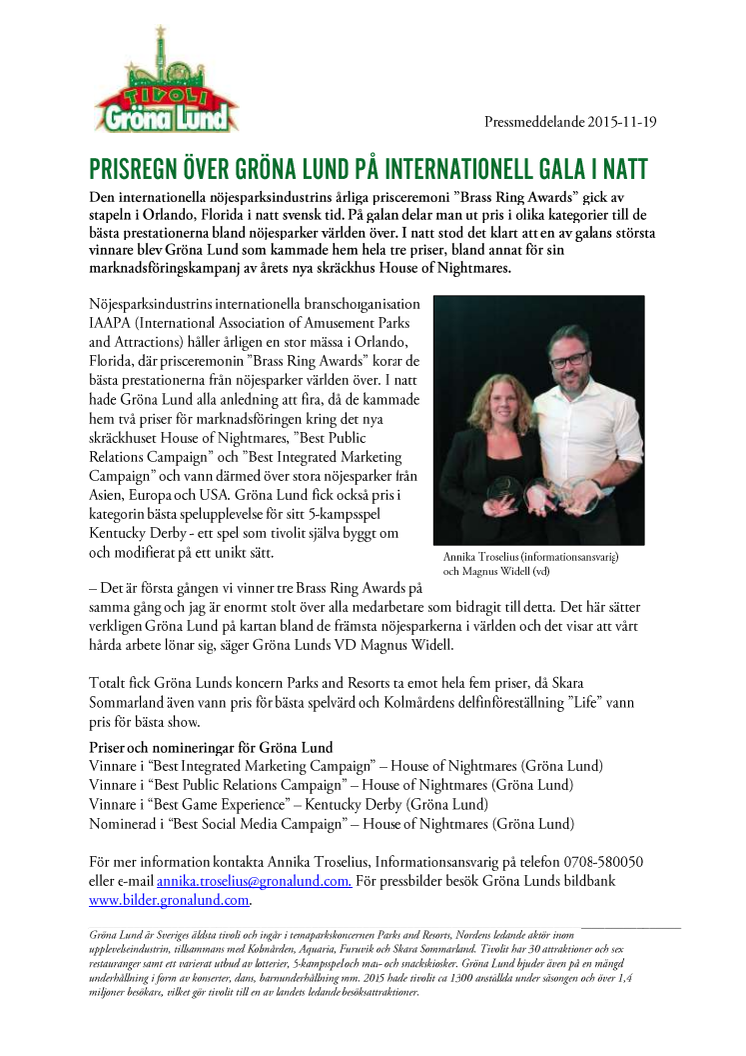 Prisregn över Gröna Lund på internationell gala i natt