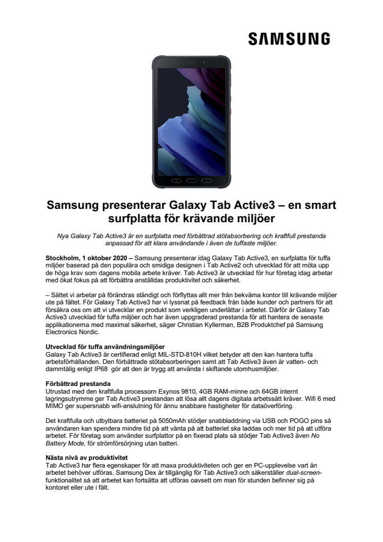 Samsung presenterar Galaxy Tab Active3 – en smart surfplatta för krävande miljöer