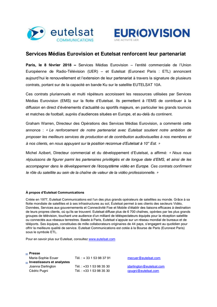 Services Médias Eurovision et Eutelsat renforcent leur partenariat 