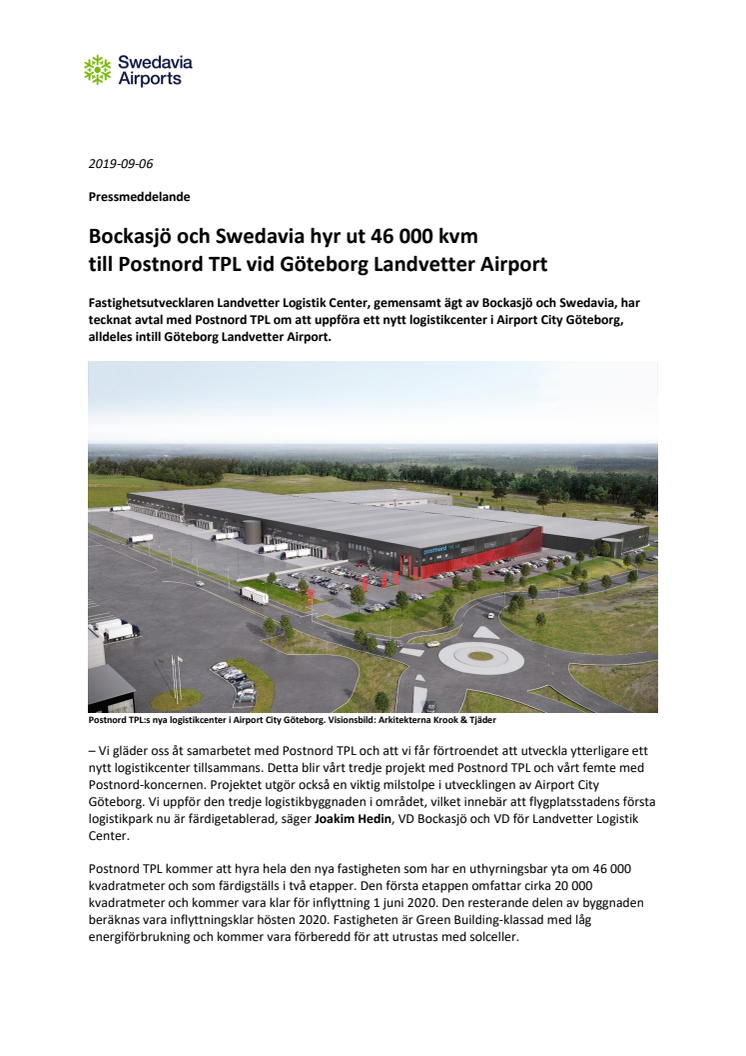 Bockasjö och Swedavia hyr ut 46 000 kvm till Postnord TPL vid Göteborg Landvetter Airport