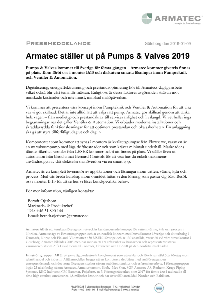 Armatec ställer ut på Pumps & Valves 2019