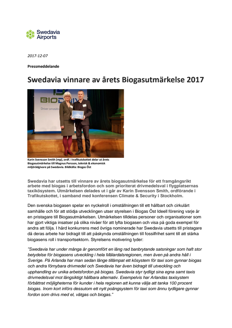 Swedavia vinnare av årets Biogasutmärkelse 2017