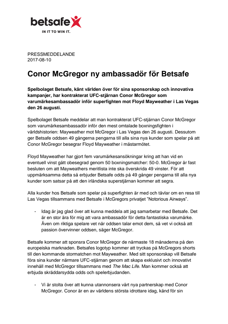 Conor McGregor ny ambassadör för Betsafe