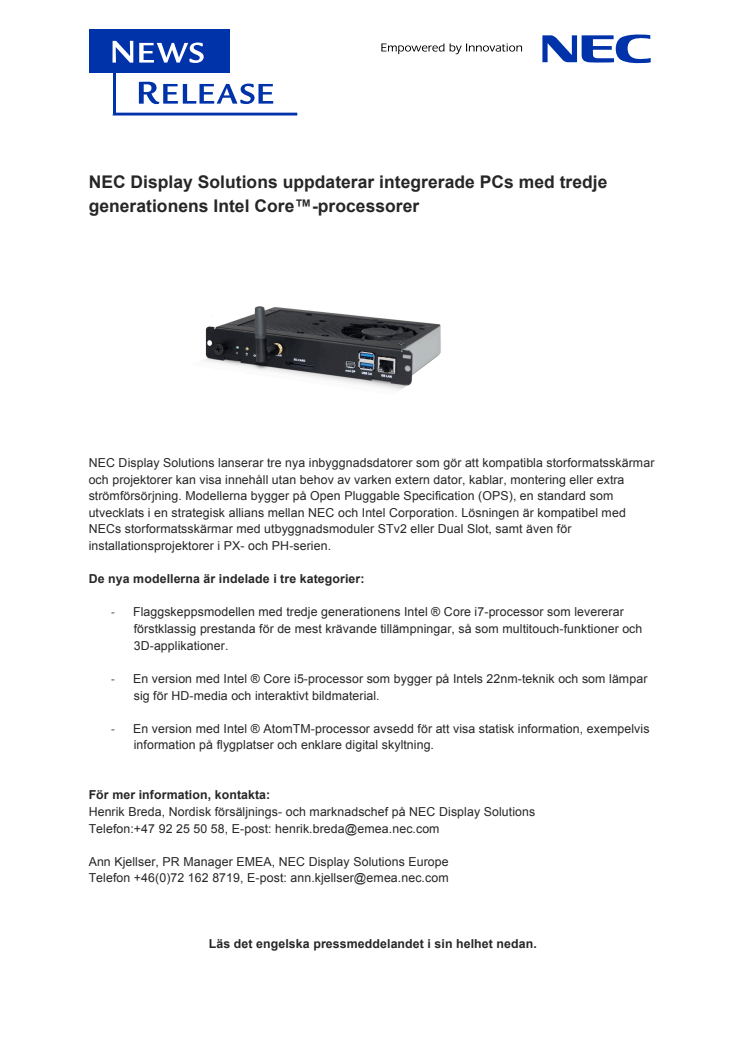 NEC Display Solutions uppdaterar integrerade PCs med tredje generationens Intel Core™-processorer