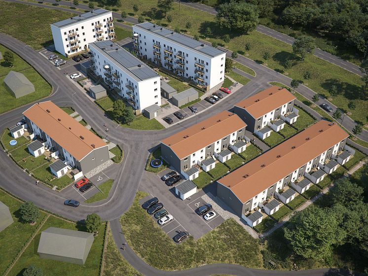 Översiktsilllustration av det kommande kvarteret med radhus (BoKlok Mittpunkten) och lägenheter (BoKlok Koordinaten) i Kvarnbäck, Höör. 