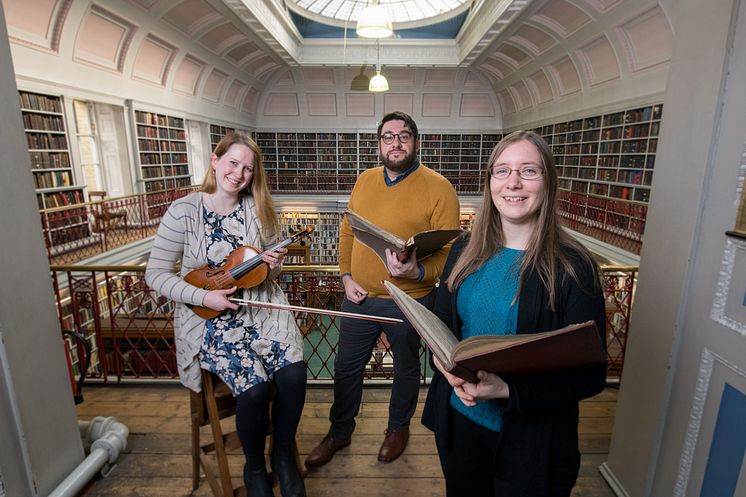 From l-r Dr Rachael Durkin, Senior Lecturer at Northumbria University; James Smith, Music Librarian at the Lit & Phil; and Dr Katherine Butler, Senior Lecturer at Northumbria University.