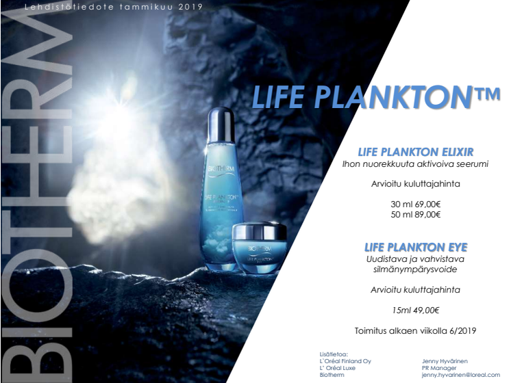 Lehdistötiedote Biotherm Life Plancton Eye ja Elixir