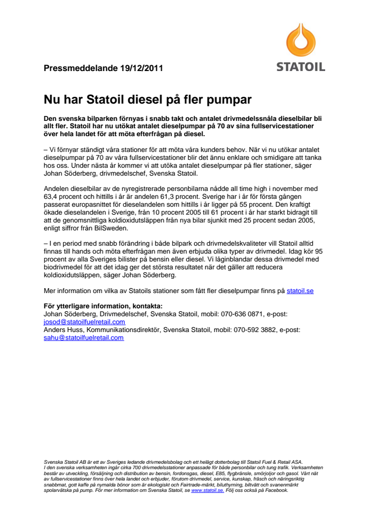 Nu har Statoil diesel på fler pumpar