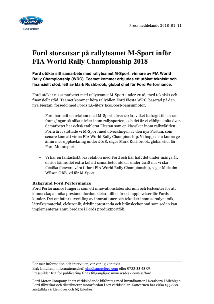 Ford storsatsar på rallyteamet M-Sport inför FIA World Rally Championship 2018