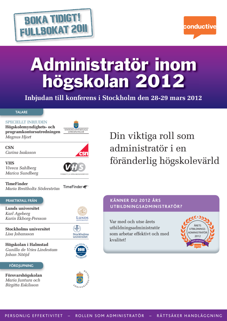 Administratör inom högskolan 2012. Konferens i Stockholm 28-29 mars 2012