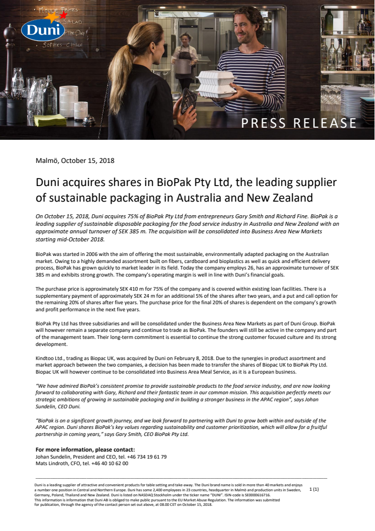 Duni acquires shares in BioPak Pty Ltd, the leading supplier of sustainable packaging in Australia and New Zealand