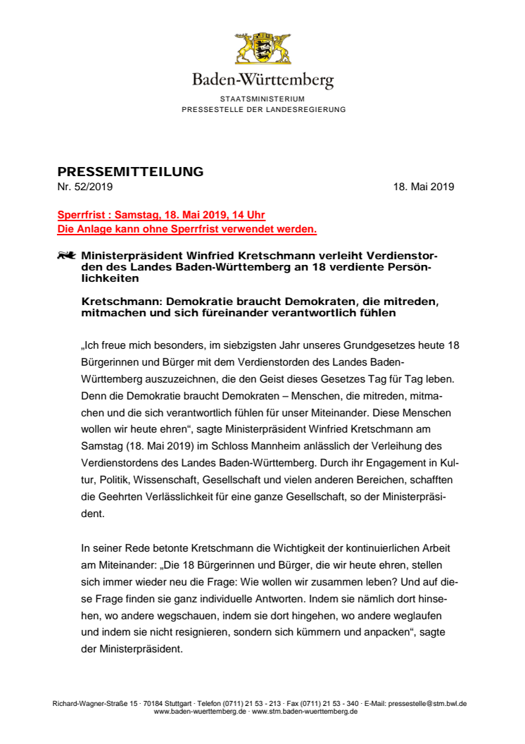 Pressemitteilung Staatsministerium Baden-Württemberg: Verleihung Verdienstorden des Landes Baden-Württemberg