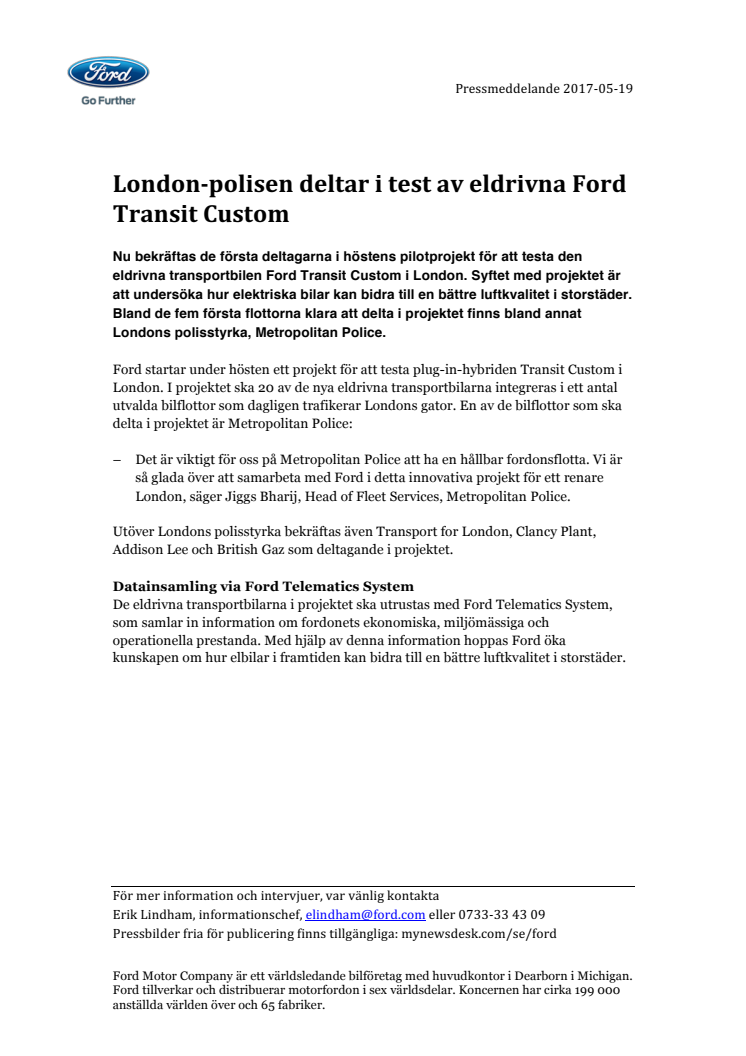London-polisen deltar i test av eldrivna Ford Transit Custom