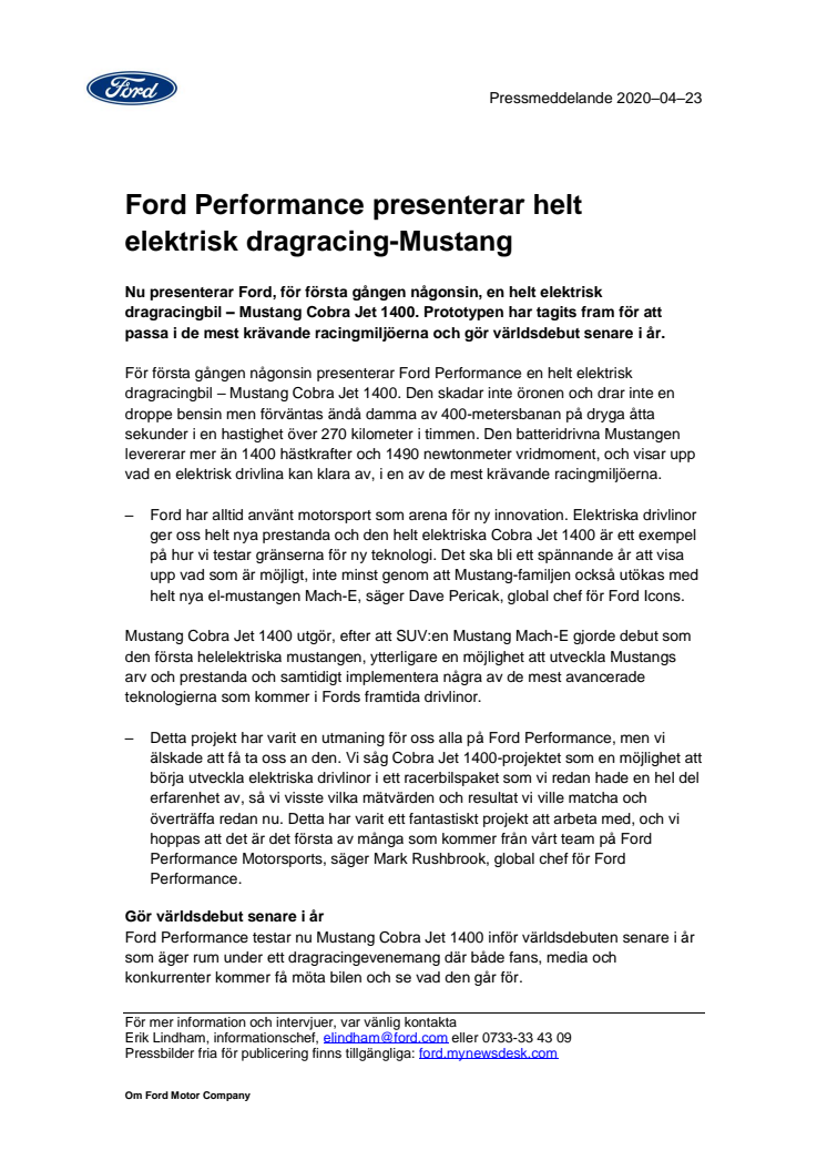 ​Ford Performance presenterar helt elektrisk dragracing-Mustang