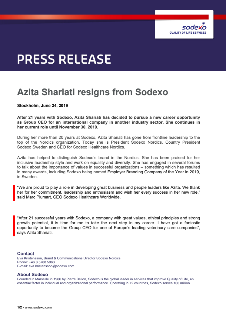 Azita Shariati resigns from Sodexo
