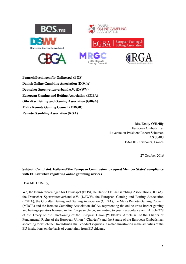 Letter of complaint: Failure of the European Commission to request Member States’ compliance with EU law when regulating online gambling services