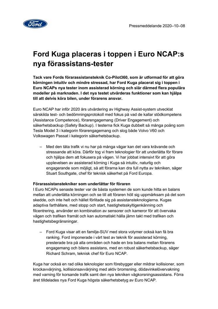 Ford Kuga placerar sig i toppen i Euro NCAP:s nya förassistans-tester 