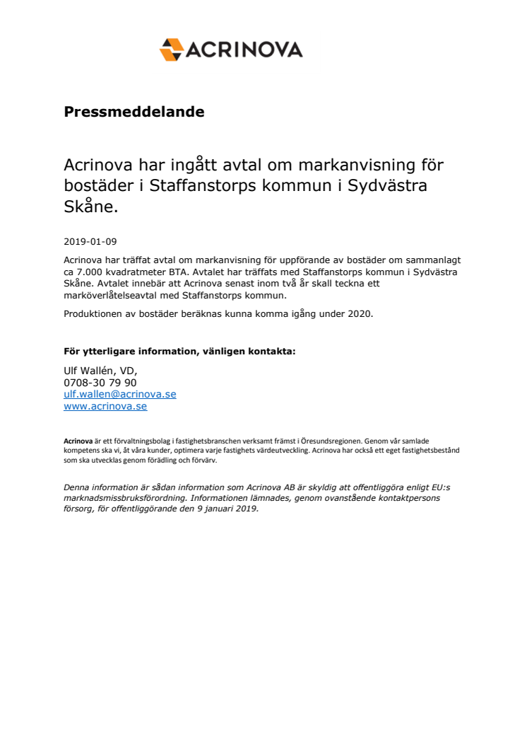 Acrinova har ingått avtal om markanvisning för bostäder i Staffanstorps kommun i Sydvästra Skåne
