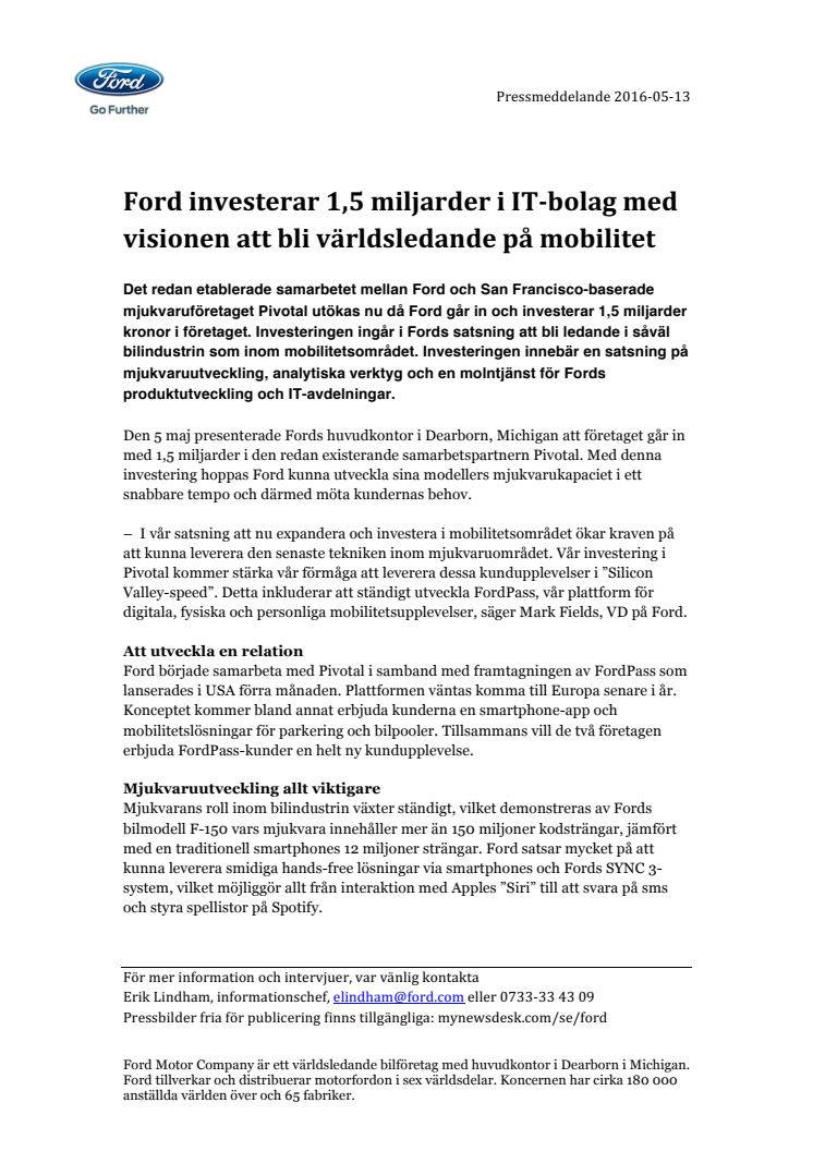 Ford investerar 1,5 miljarder i IT-bolag med visionen att bli världsledande på mobilitet