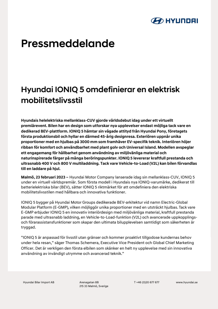Hyundai IONIQ 5 - pressmeddelande inkl specifikationer