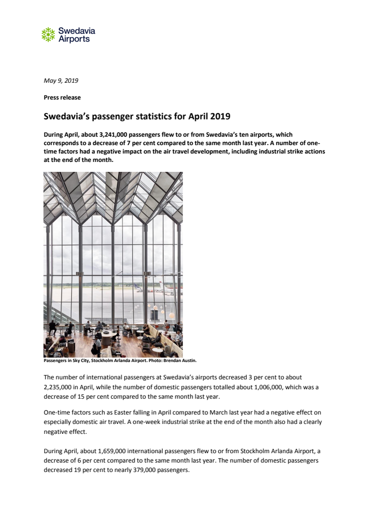 Swedavia’s passenger statistics for April 2019