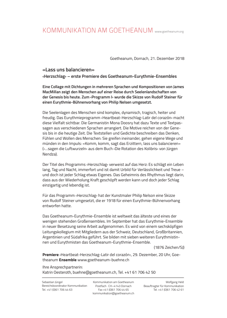 «Lass uns balancieren». ​‹Herzschlag› – erste Premiere des Goetheanum-Eurythmie-Ensembles