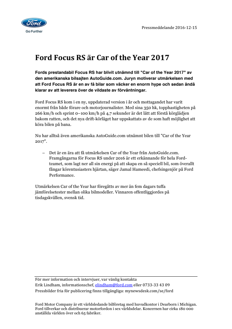 Ford Focus RS är Car of the Year 2017