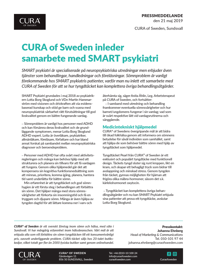 CURA of Sweden inleder samarbete med SMART psykiatri