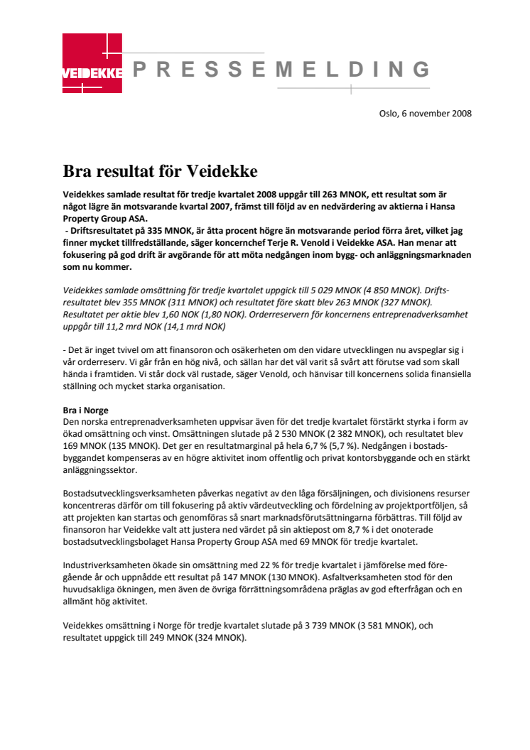 Bra resultat för Veidekke-koncernen