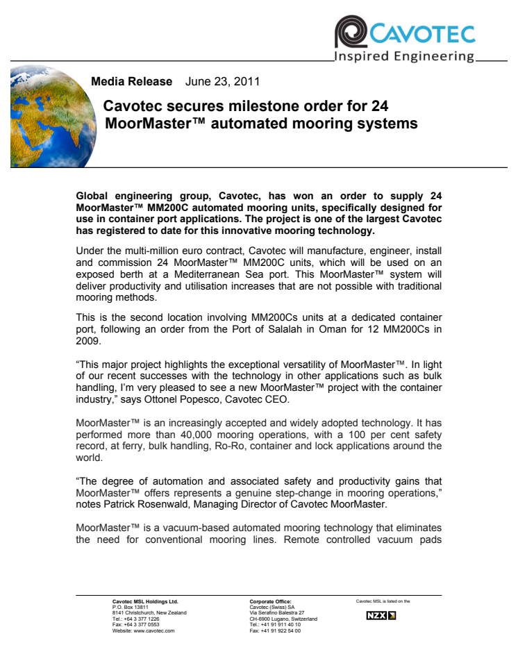 Cavotec secures milestone order for 24 MoorMaster™ automated mooring systems