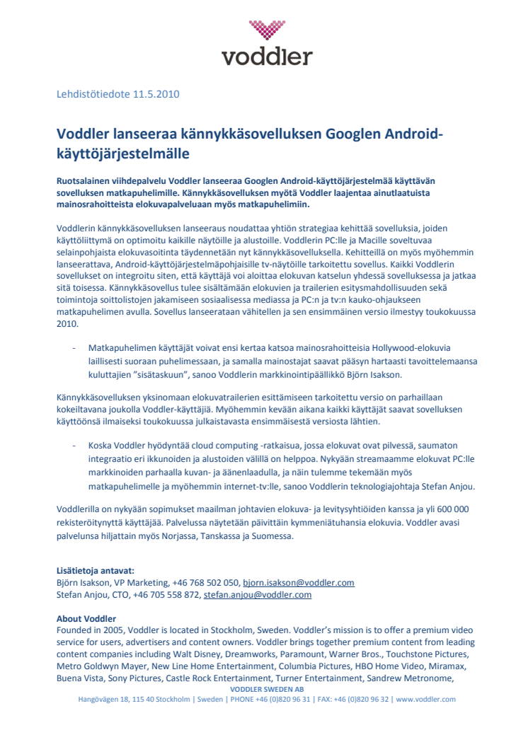 Voddler lanseeraa kännykkäsovelluksen Googlen Android-käyttöjärjestelmälle