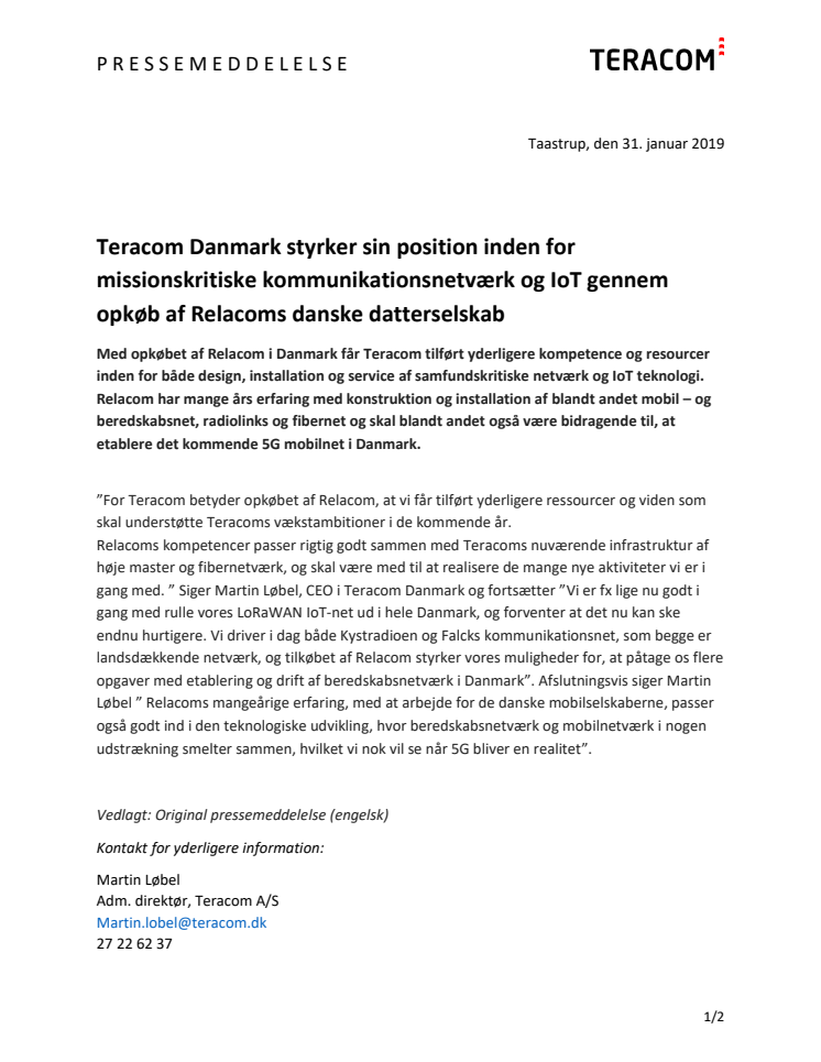 Teracom Danmark styrker sin position med opkøb af Relacoms danske datterselskab