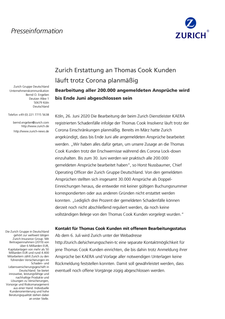 Zurich Erstattung an Thomas Cook Kunden läuft trotz Corona planmäßig