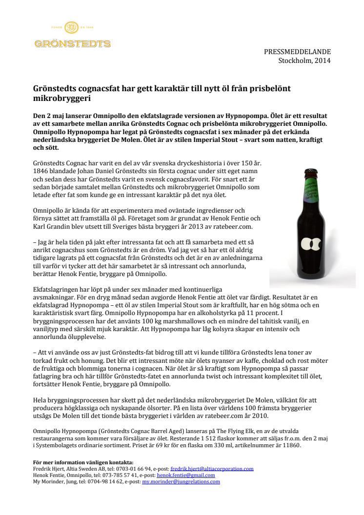 Grönstedts cognacsfat har gett karaktär till nytt öl från prisbelönt mikrobryggeri