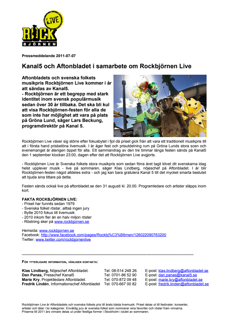 Kanal5 och Aftonbladet i samarbete om Rockbjörnen Live