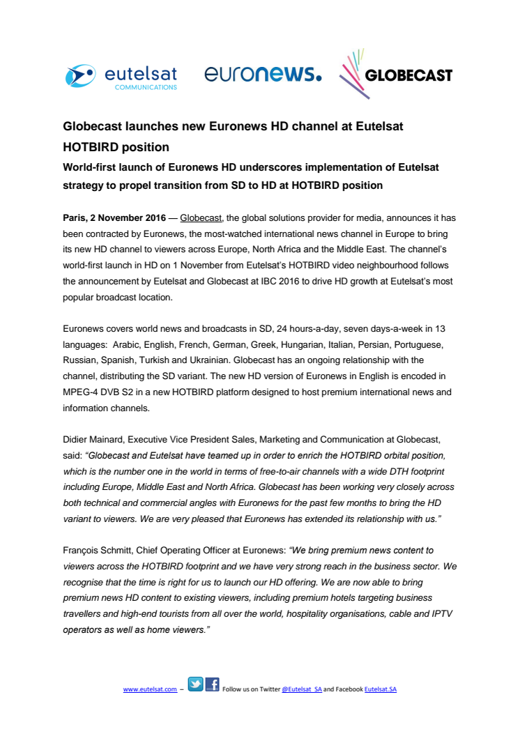 Globecast launches new Euronews HD channel at Eutelsat HOTBIRD position