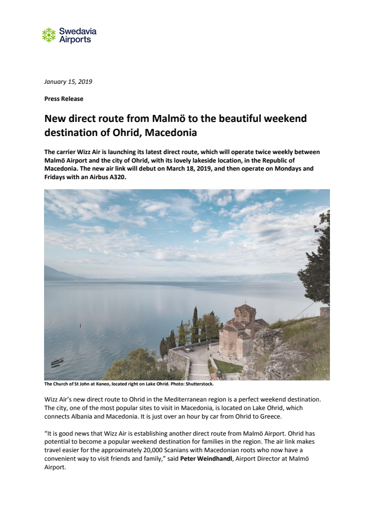 New direct route from Malmö to the beautiful weekend destination of Ohrid, Macedonia
