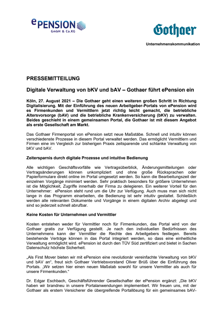 Digitale Verwaltung von bKV und bAV – Gothaer führt ePension ein