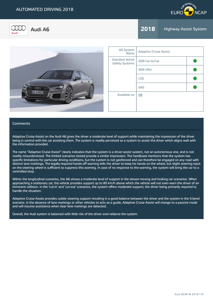 Automated Driving 2018 - Audi A6 datasheet - October 2018