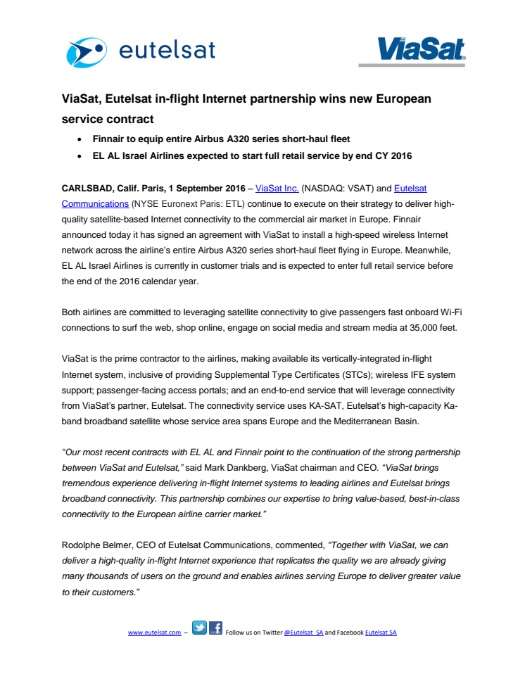ViaSat, Eutelsat in-flight Internet partnership wins new European service contract