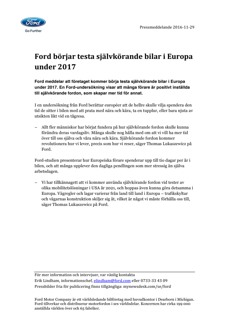 Ford börjar testa självkörande bilar i Europa under 2017